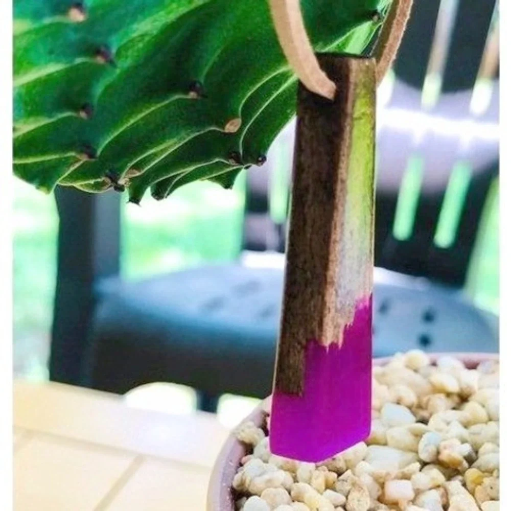 Handmade Wood‎ and Magenta Resin Geometric Bar Pendant Necklace Tan Cord